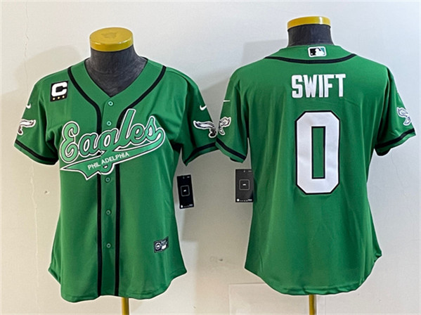 Women's Philadelphia Eagles #0 D’andre Swift Green With 3-Star C Patch Cool Base Stitched Baseball Jersey(Run Small)